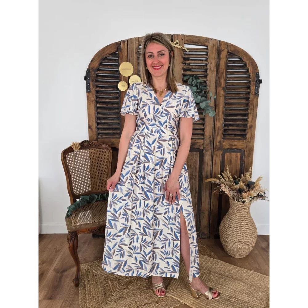 Robe Mila feuilles bleu dos nu