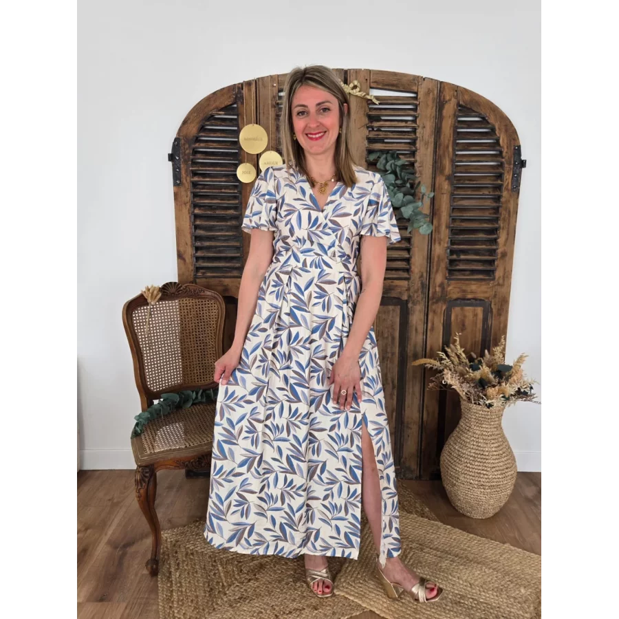 Robe Mila feuilles bleu dos nu
