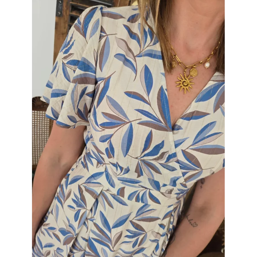 Robe Mila feuilles bleu dos nu