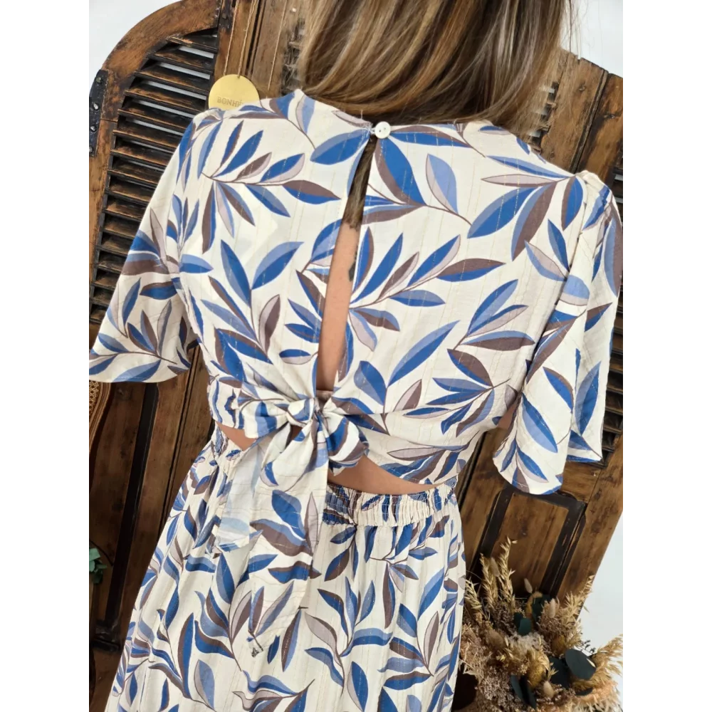 Robe Mila feuilles bleu dos nu