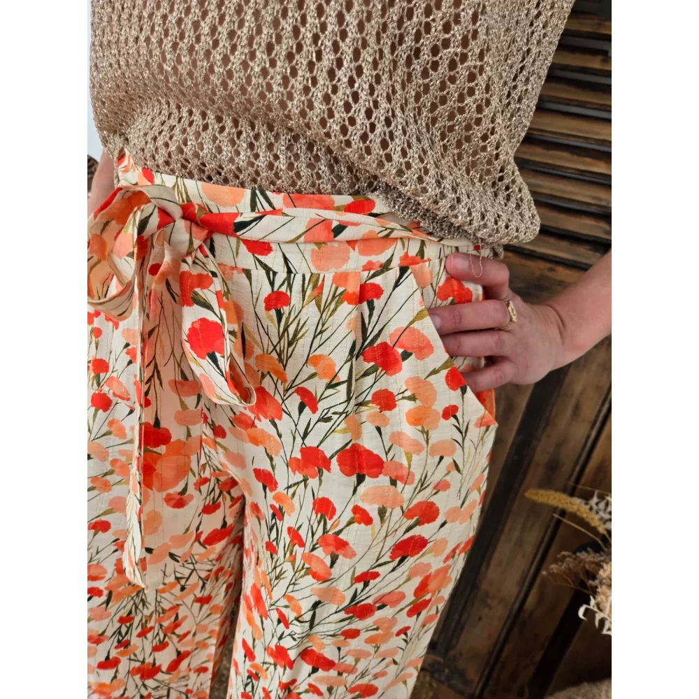 Pantalon Gabin fluide coquelicots corail