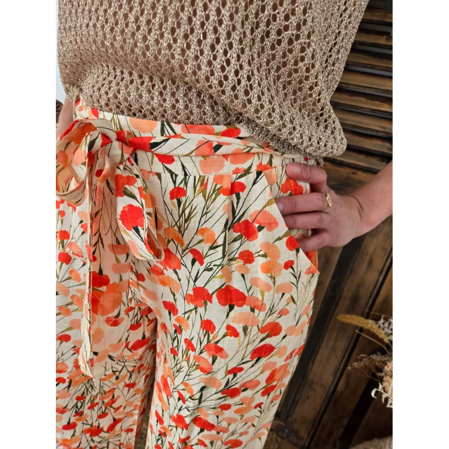 Pantalon Gabin fluide coquelicots corail