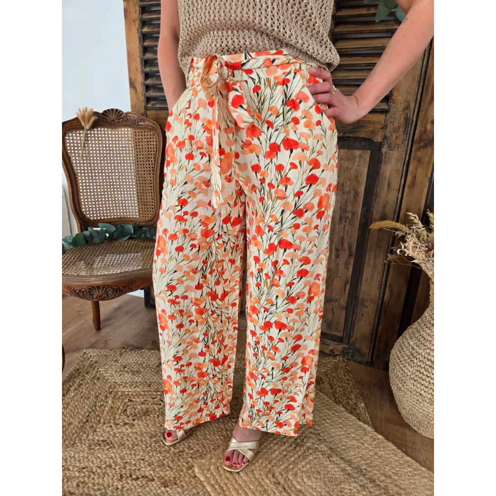 Pantalon Gabin fluide coquelicots corail