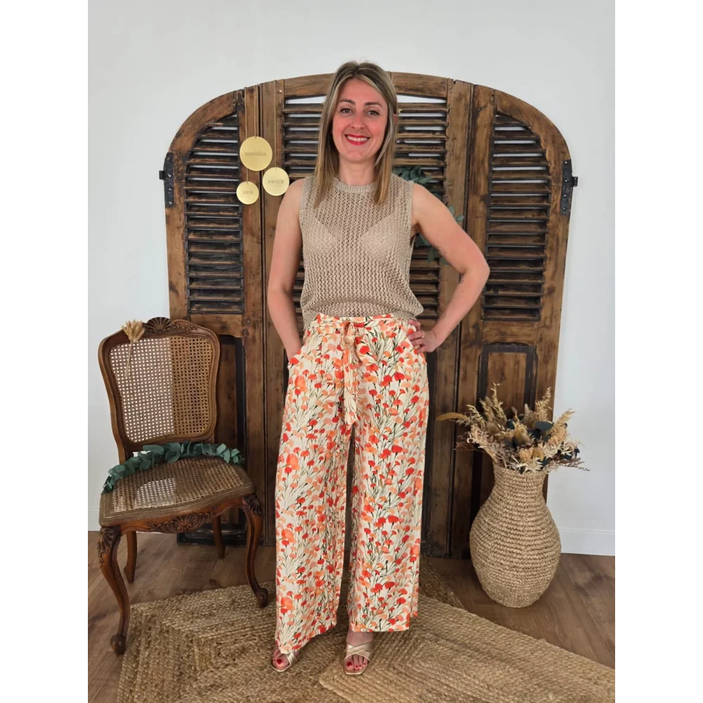 Pantalon Gabin fluide coquelicots corail
