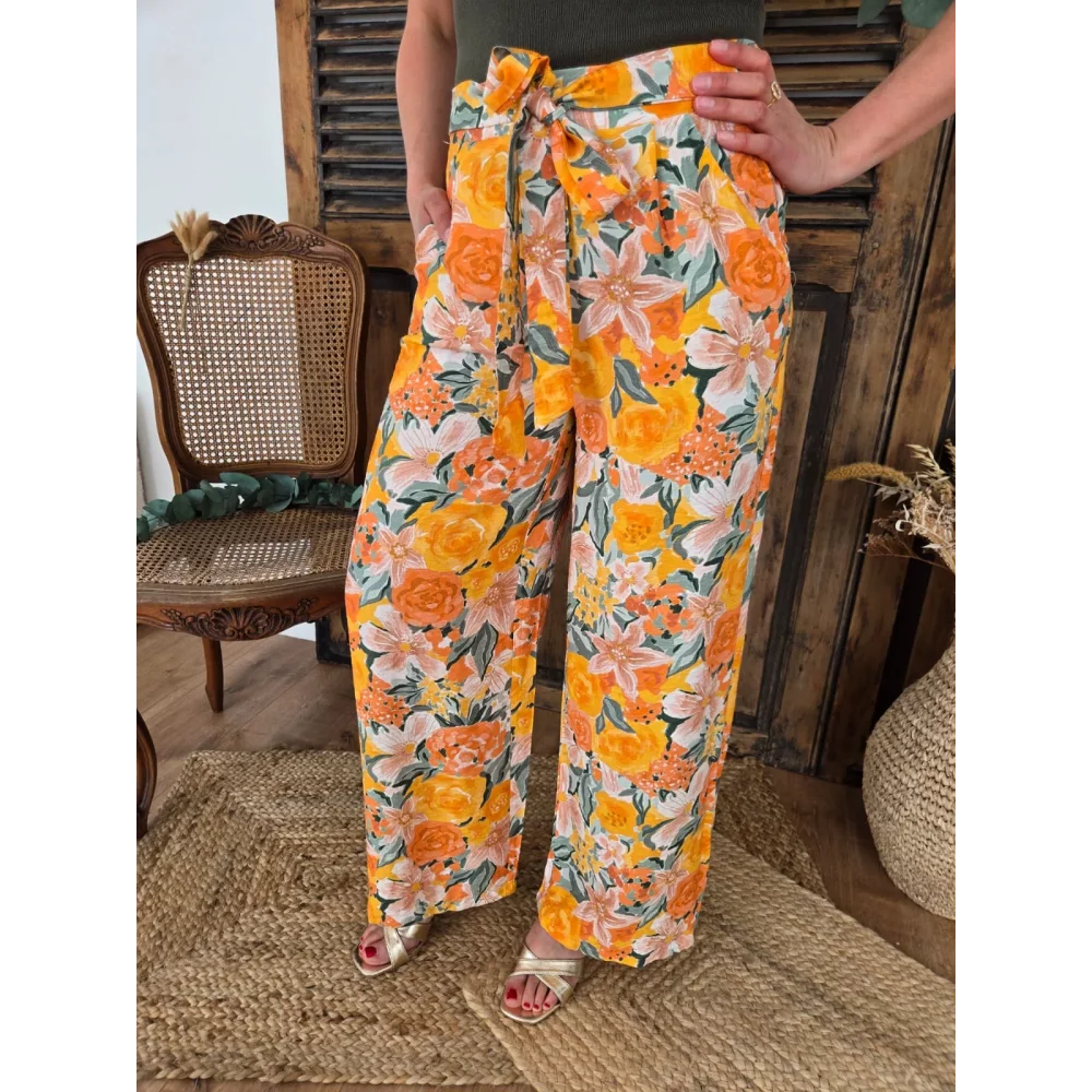 Pantalon Hugo fluide fleurs orange