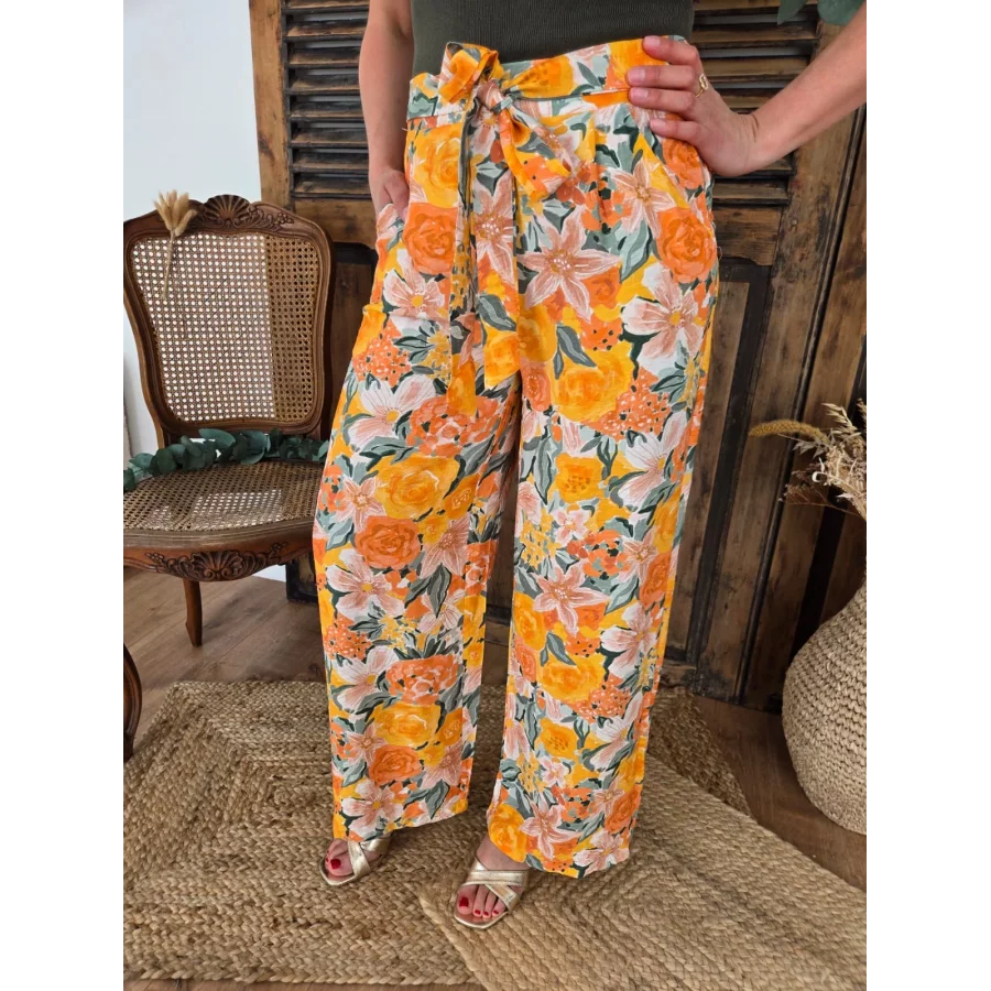 Pantalon Hugo fluide fleurs orange