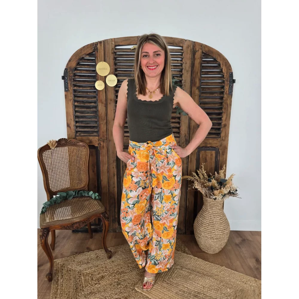 Pantalon Hugo fluide fleurs orange