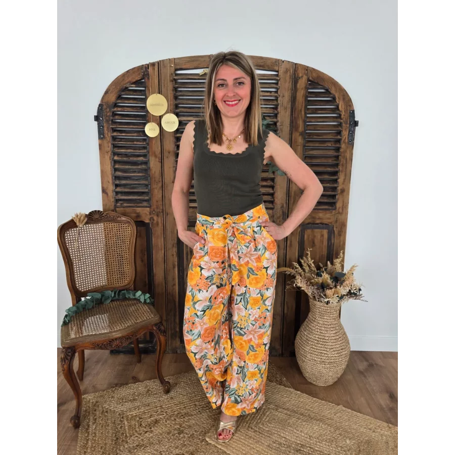 Pantalon Hugo fluide fleurs orange