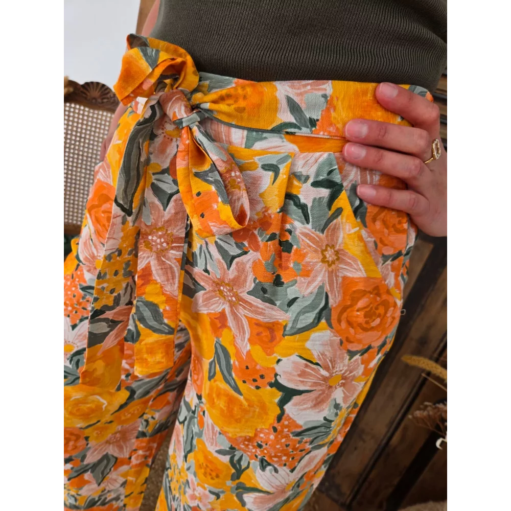 Pantalon Hugo fluide fleurs orange