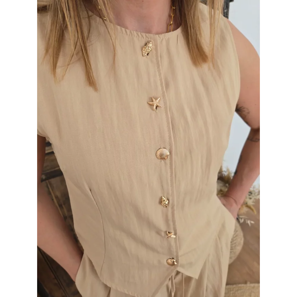 Top Gilet Paul beige boutons coquillages