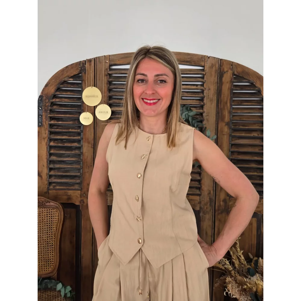 Top Gilet Paul beige boutons coquillages