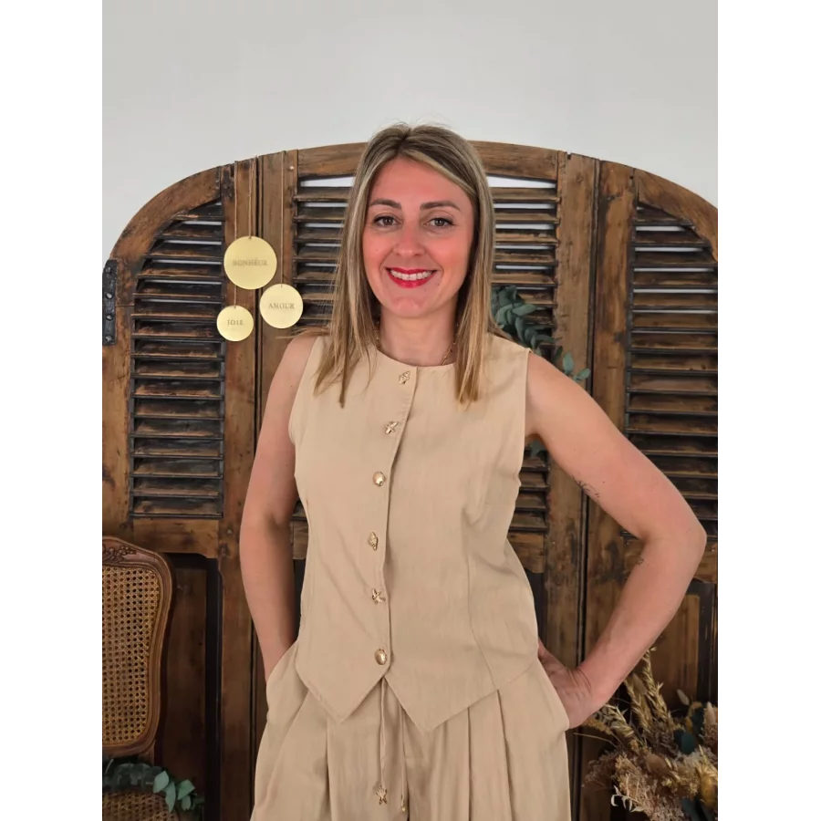 Top Gilet Paul beige boutons coquillages