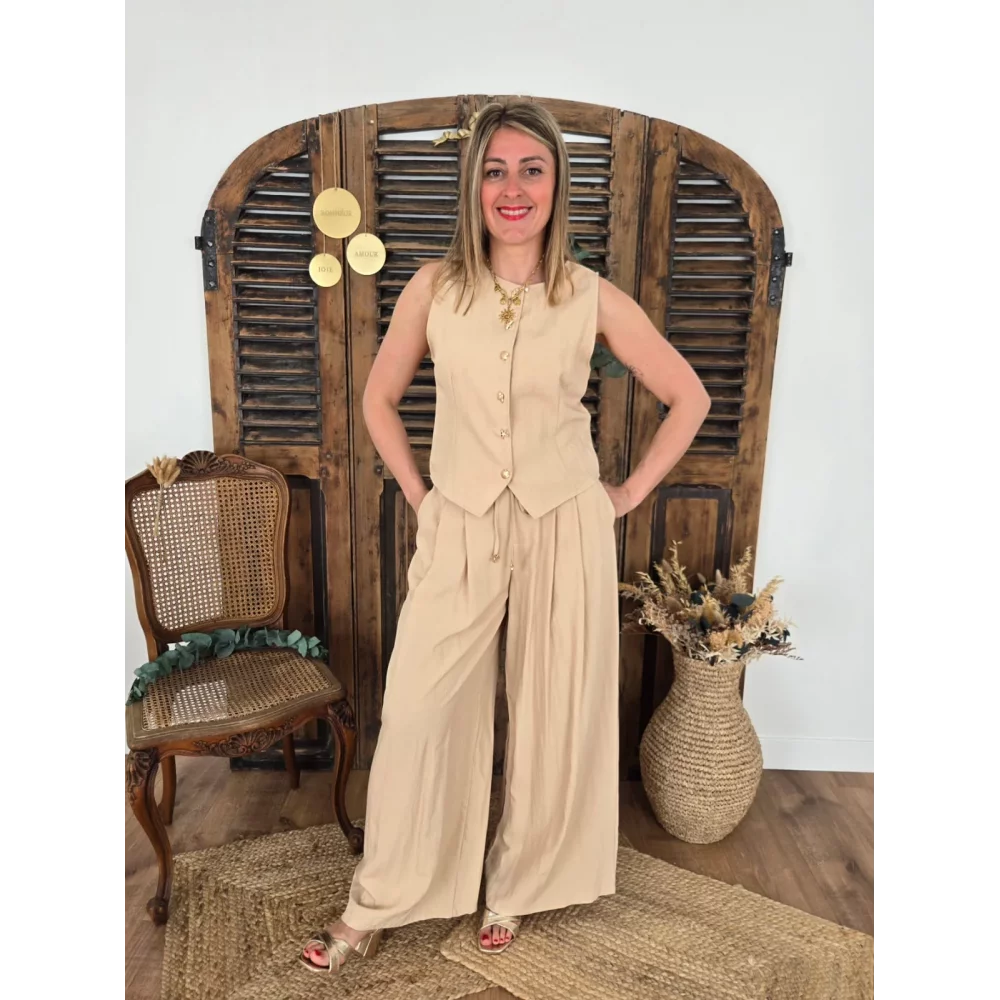 Top Gilet Paul beige boutons coquillages