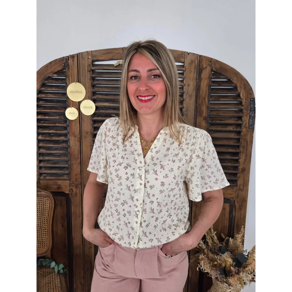 Blouse Sophie fleurs rose gaze de coton beige
