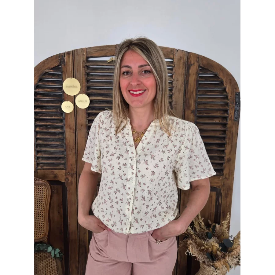 Blouse Sophie fleurs rose gaze de coton beige