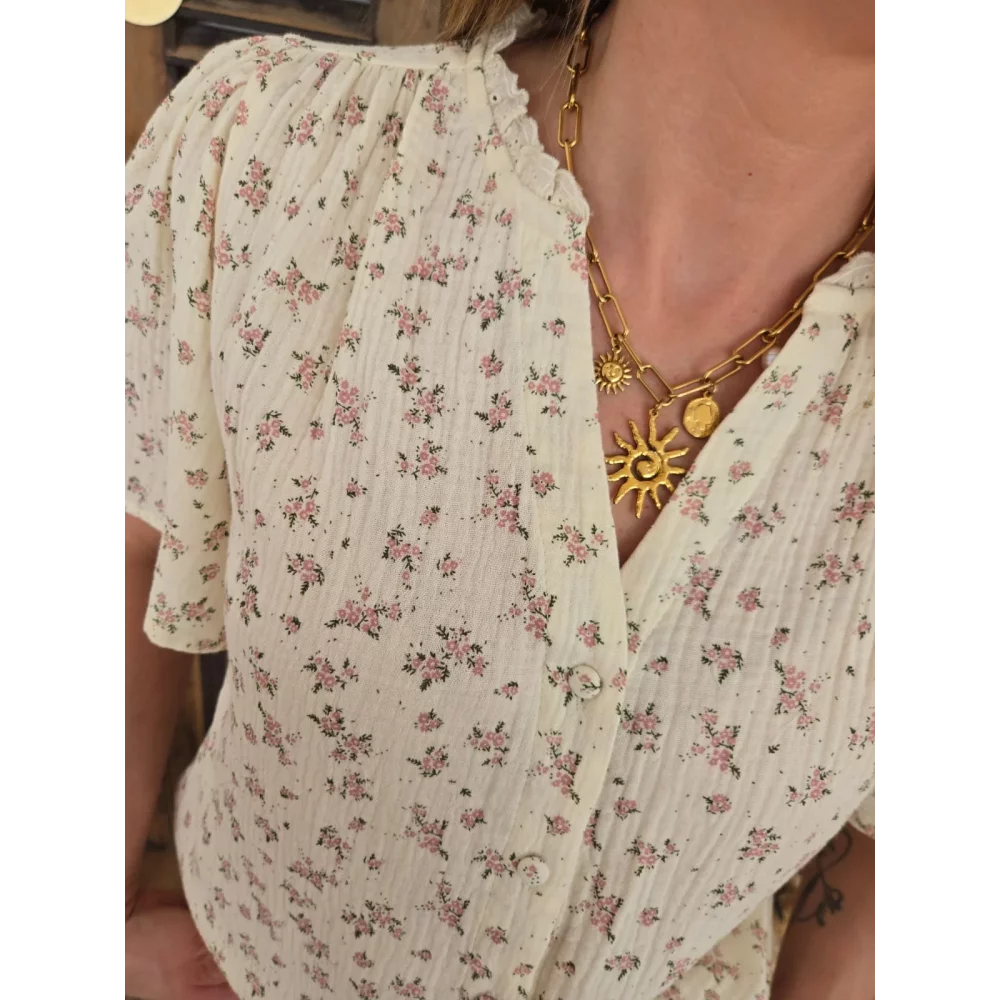 Blouse Sophie fleurs rose gaze de coton beige