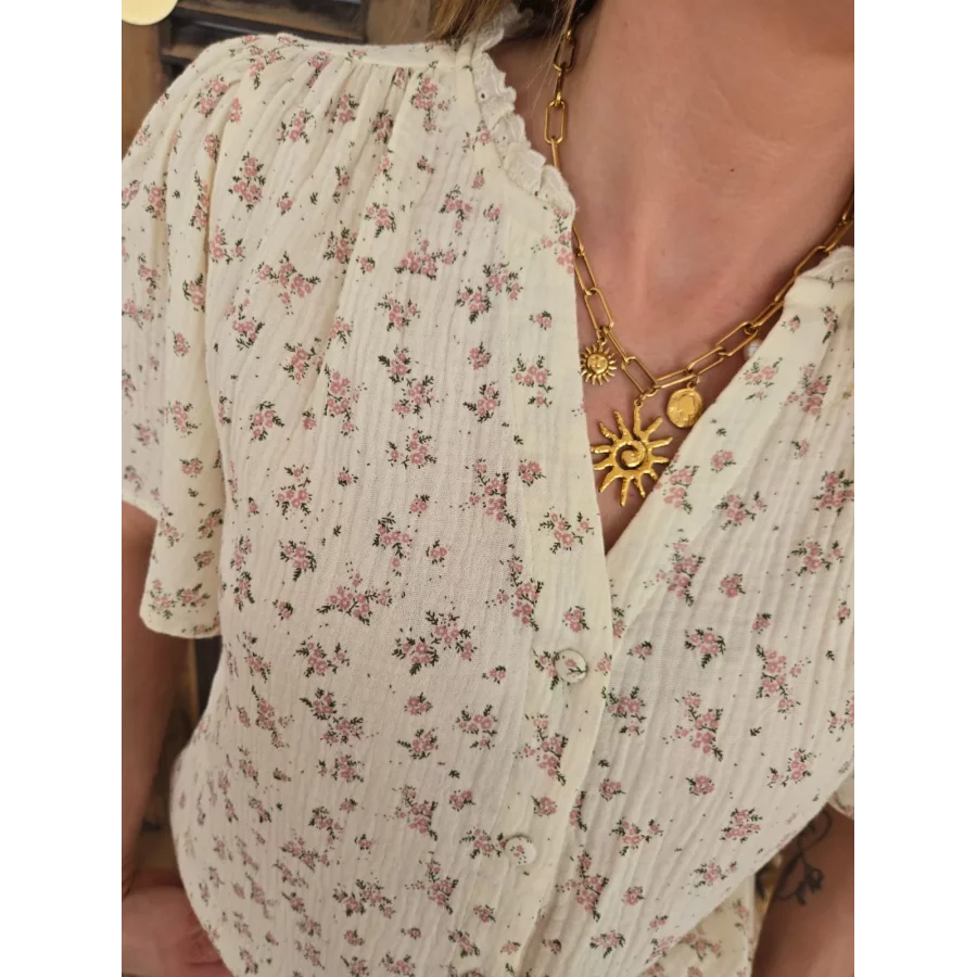 Blouse Sophie fleurs rose gaze de coton beige
