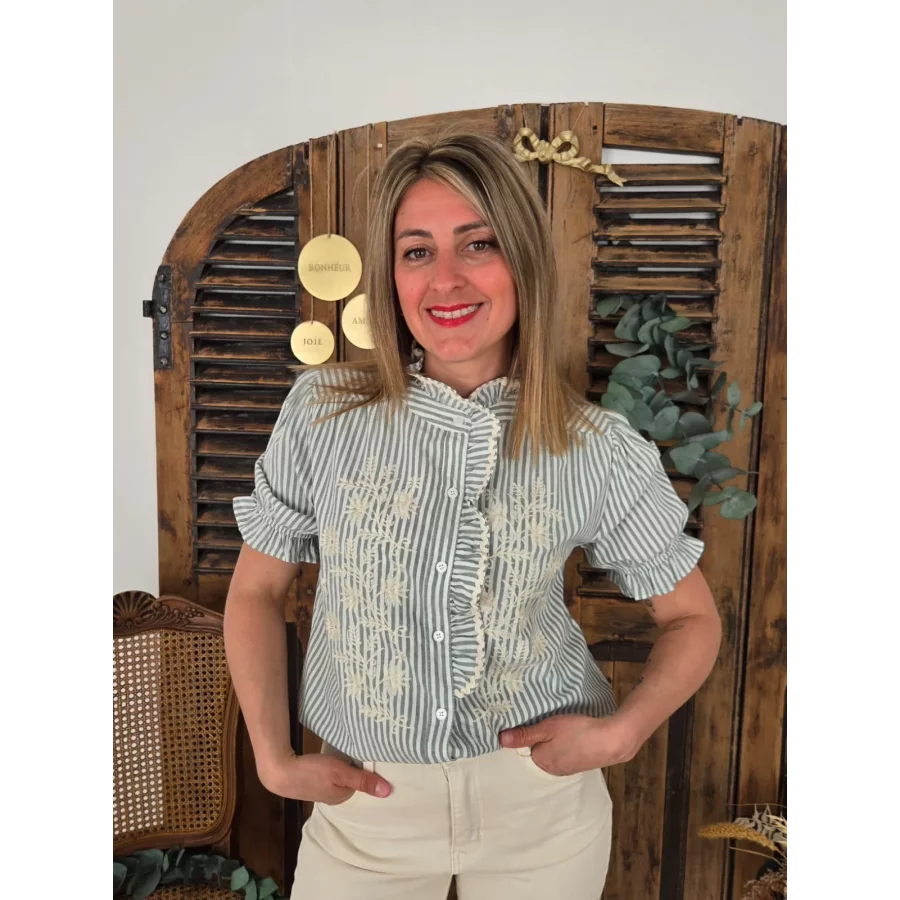 Chemise Lucile rayé verte et broderies
