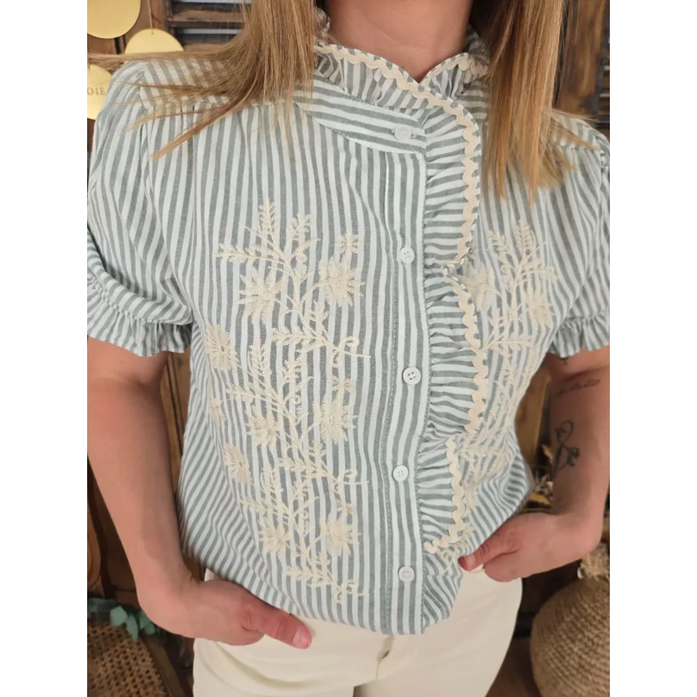 Chemise Lucile rayé verte et broderies