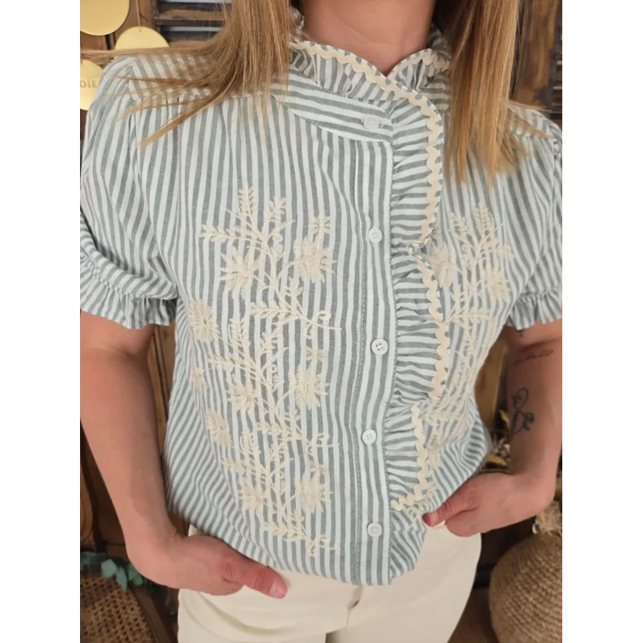 Chemise Lucile rayé verte et broderies