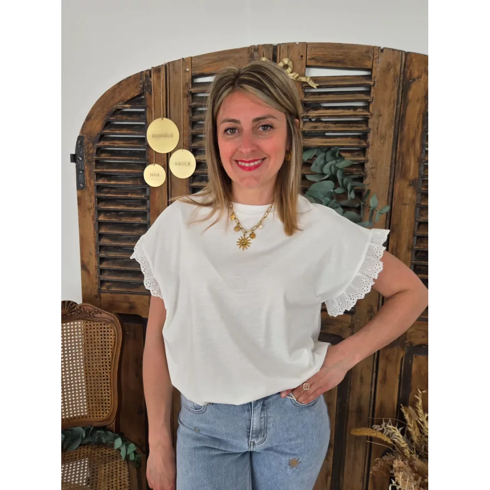 T-shirt Ulrich blanc bords de manches dentelle