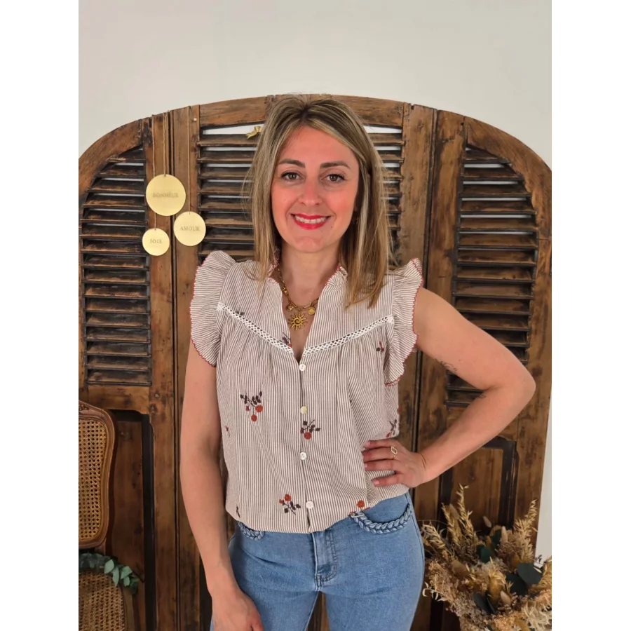 Blouse Julie rayée beige et broderies