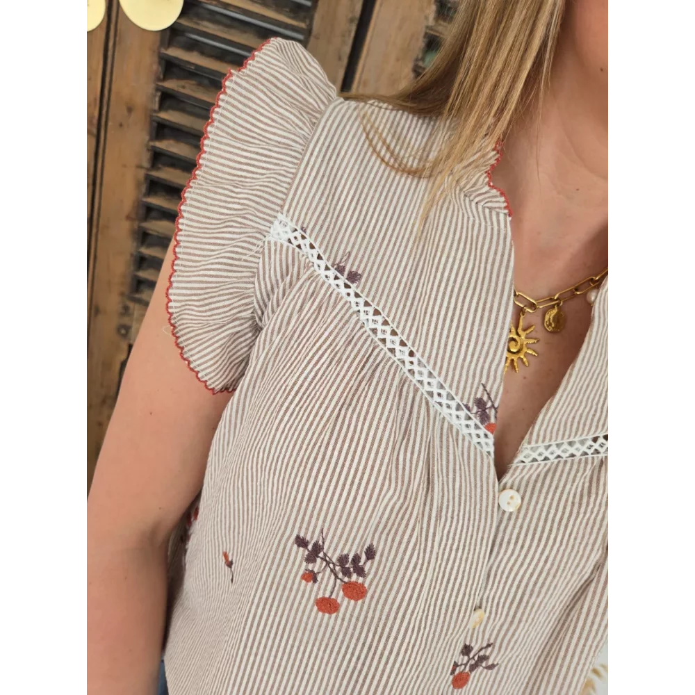 Blouse Julie rayée beige et broderies
