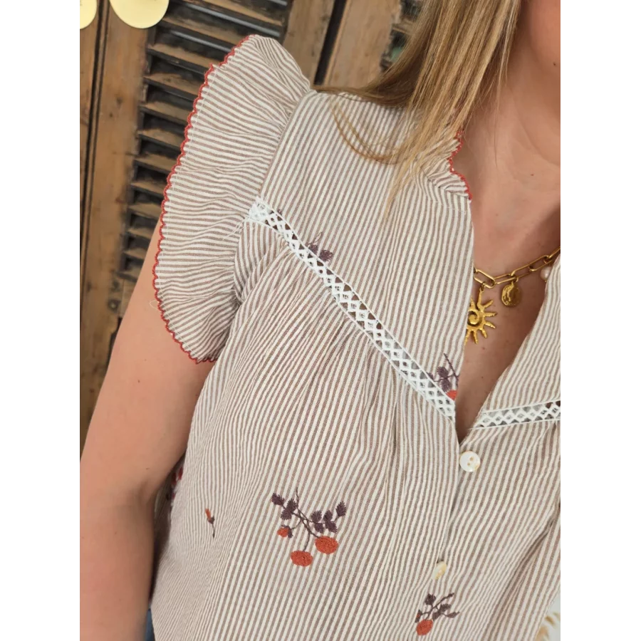 Blouse Julie rayée beige et broderies