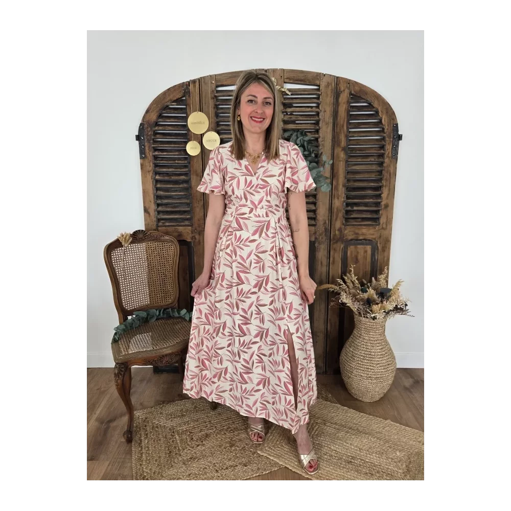 Robe Mila feuilles rose dos nu