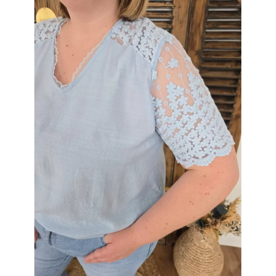 Blouse Tiffany bleu ciel dentelle GT M610 Maelle