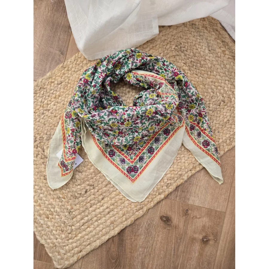 Foulard carré coton fleurs jaune et fuchsia