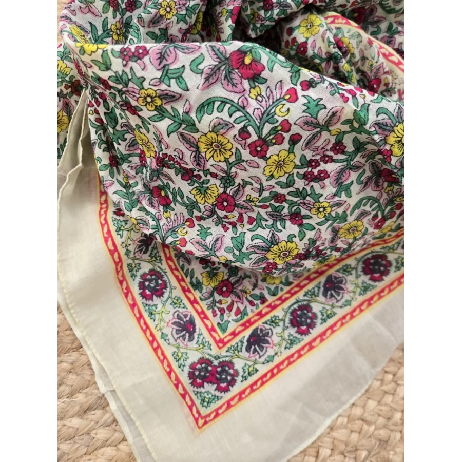 Foulard carré coton fleurs jaune et fuchsia