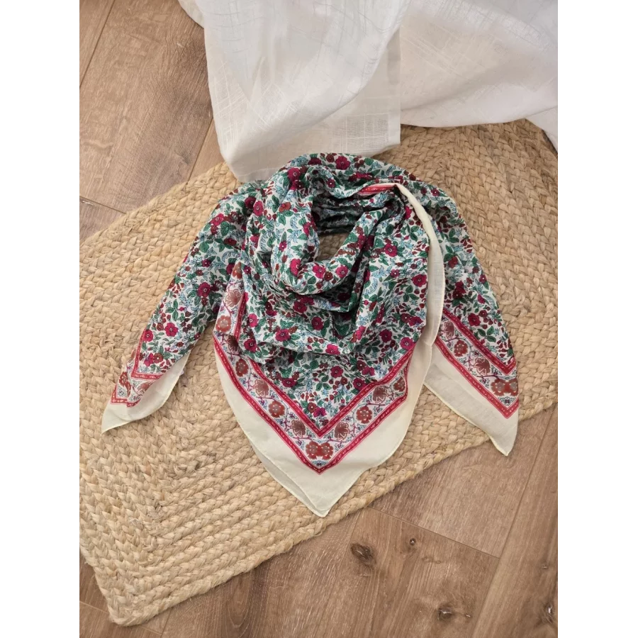 Foulard carré coton fleurs vertes et fuchsia
