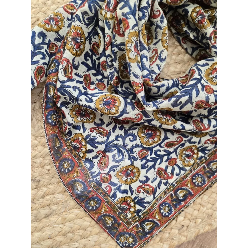 Foulard carré coton fleurs marine