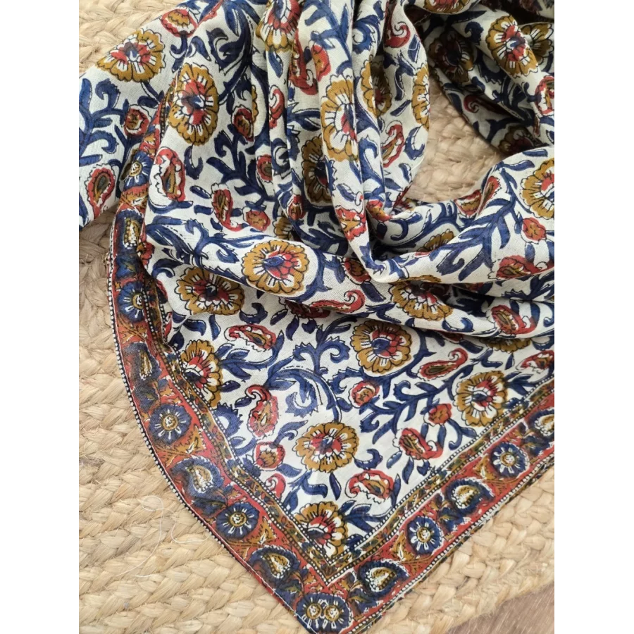 Foulard carré coton fleurs marine