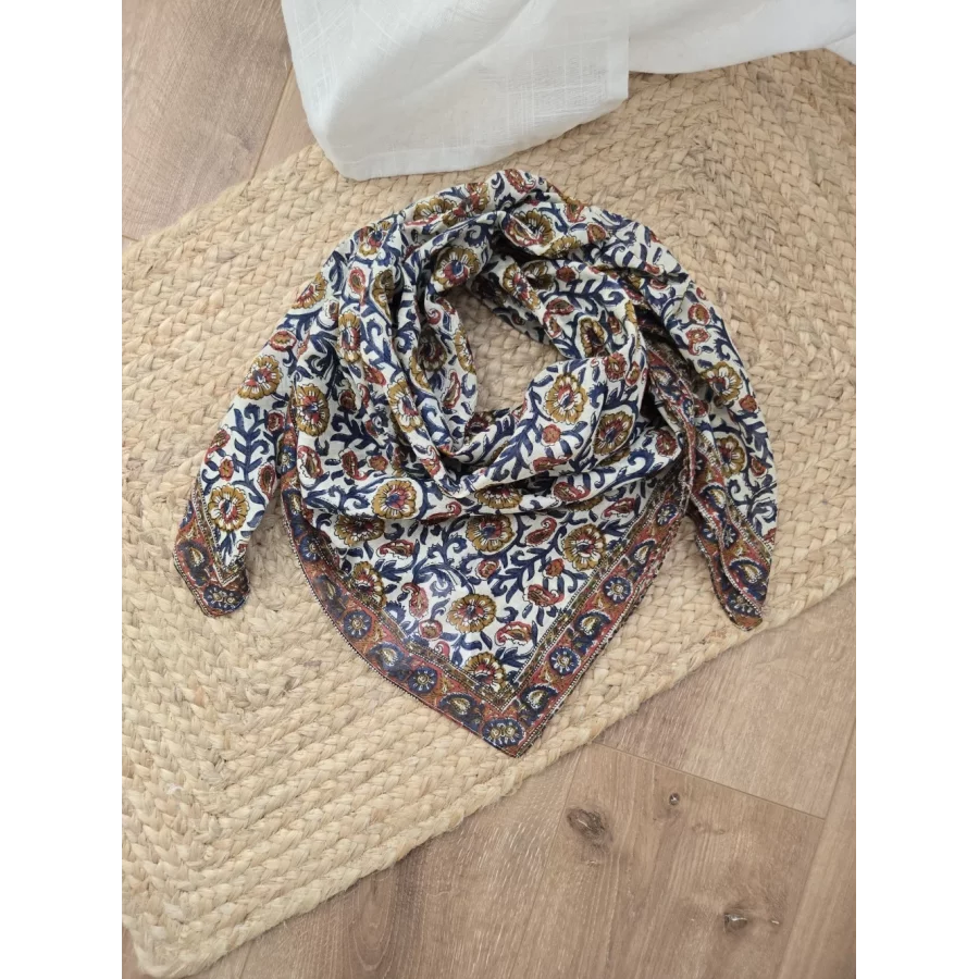 Foulard carré coton fleurs marine