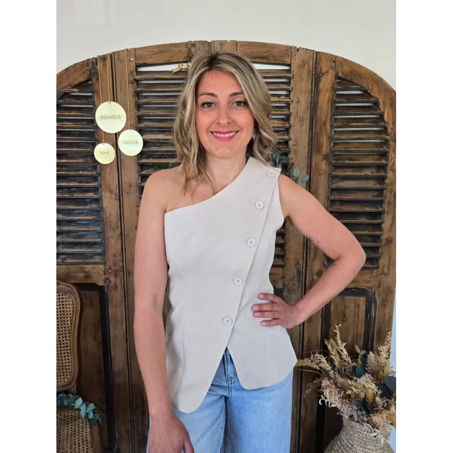 Gilet garcon de café beige asymétrique