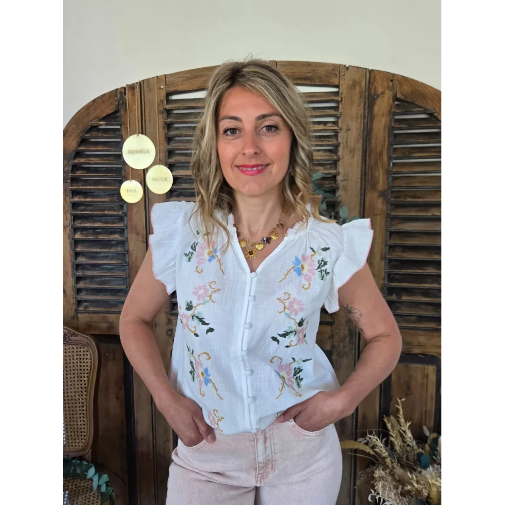 Blouse Andrée blanche fleurs brodées