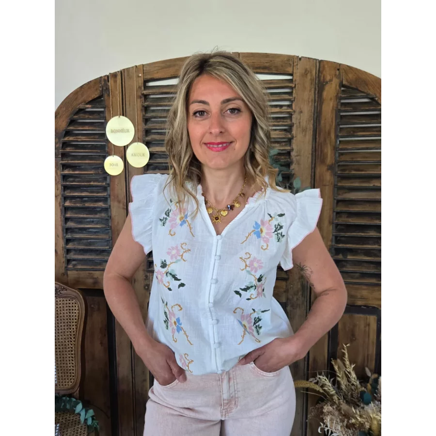 Blouse Andrée blanche fleurs brodées