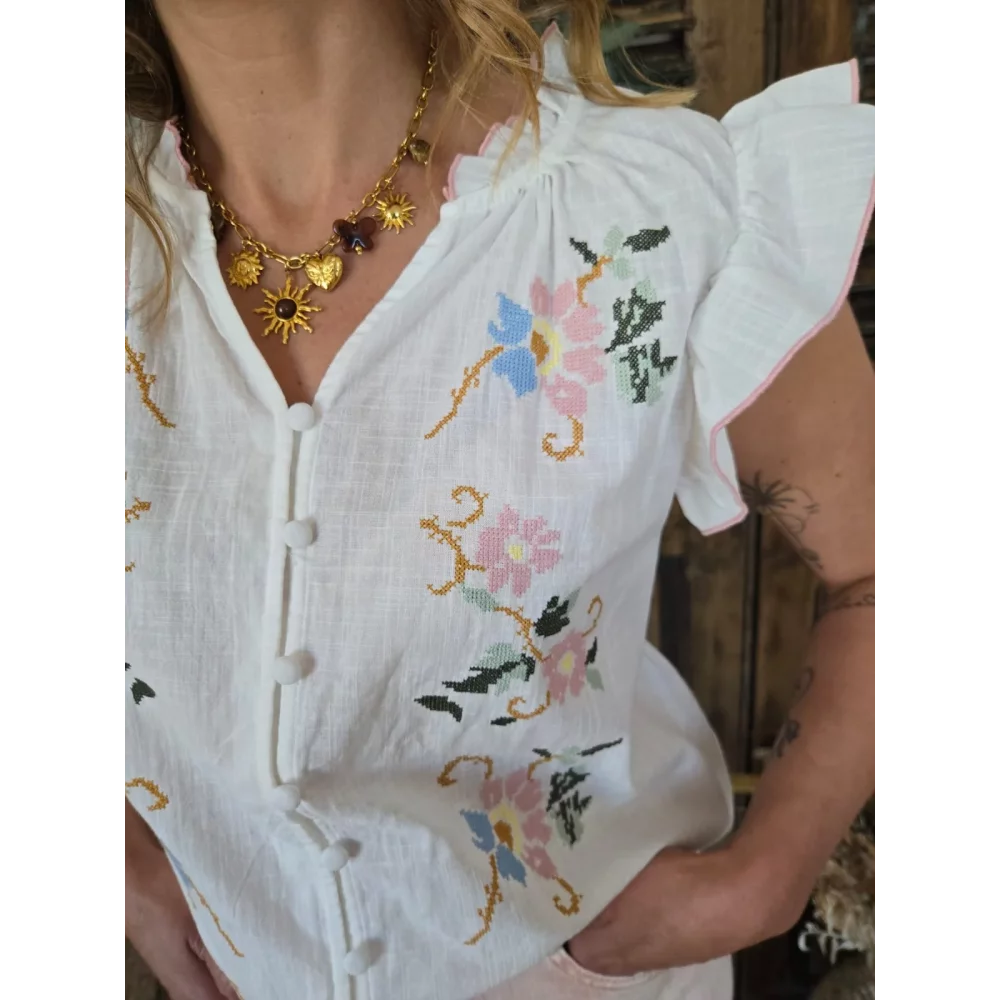 Blouse Andrée blanche fleurs brodées