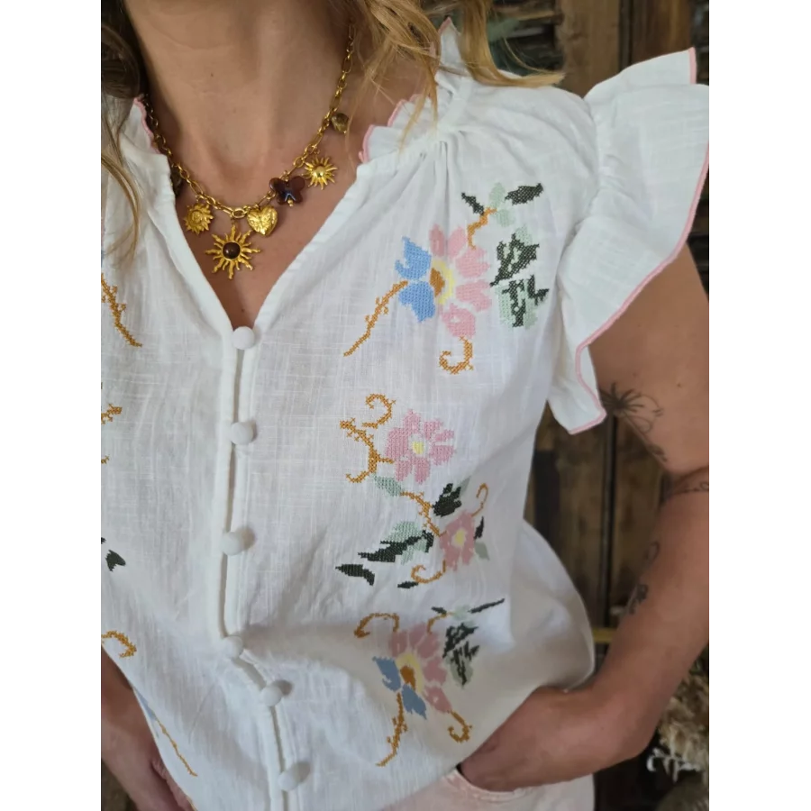 Blouse Andrée blanche fleurs brodées