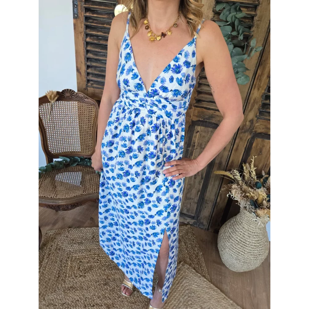 Robe longue bretelles Alice fleurs bleu