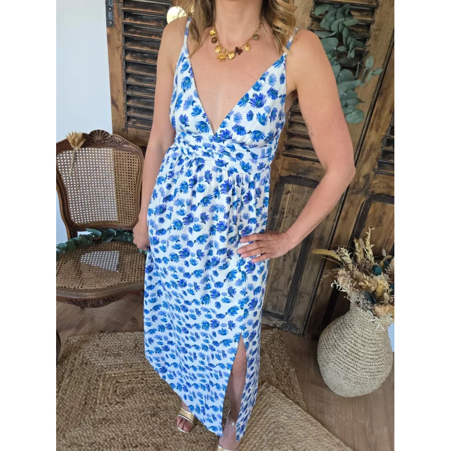 Robe longue bretelles Alice fleurs bleu