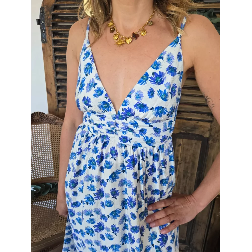Robe longue bretelles Alice fleurs bleu