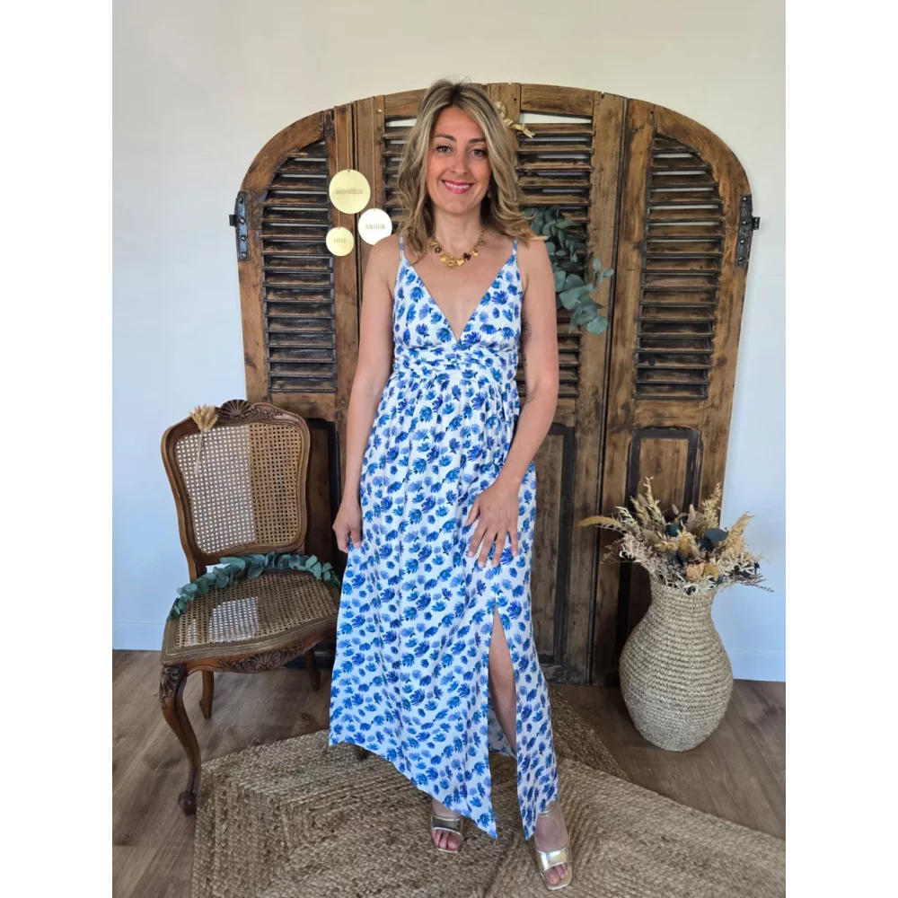 Robe longue bretelles Alice fleurs bleu