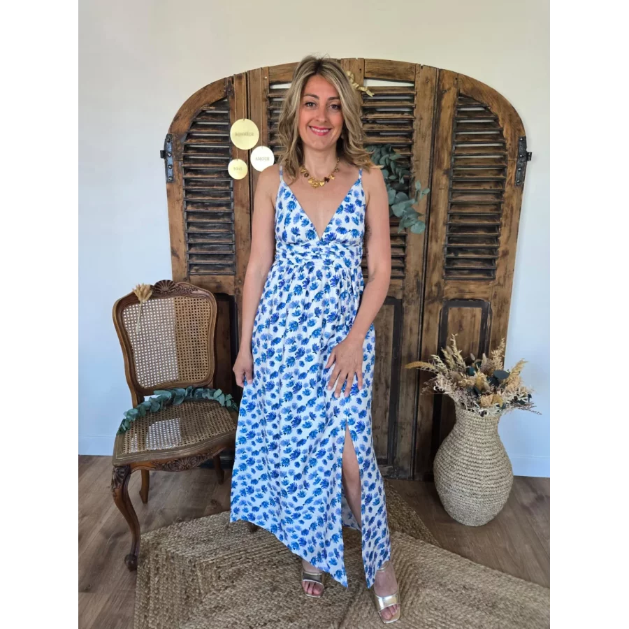 Robe longue bretelles Alice fleurs bleu