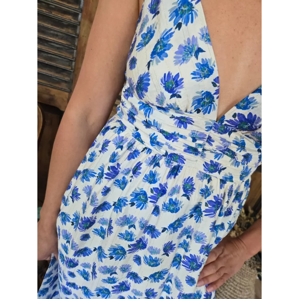 Robe longue bretelles Alice fleurs bleu