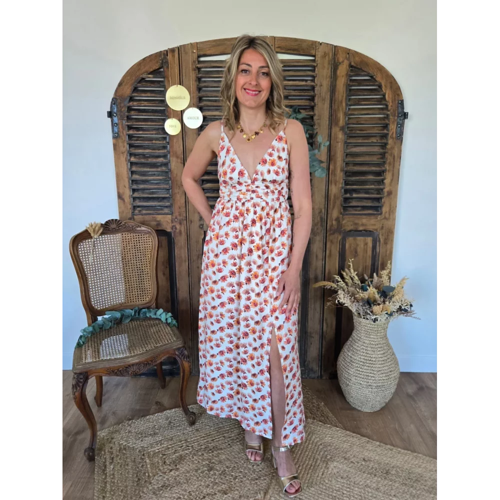 Robe longue bretelles Alice fleurs orange