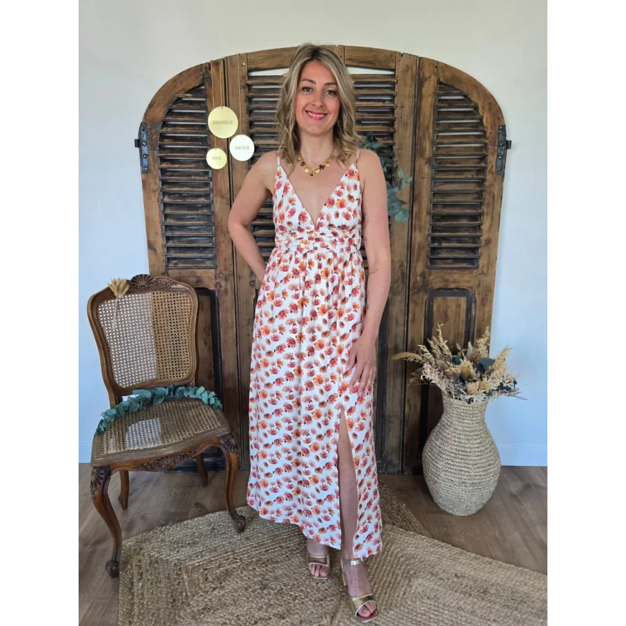 Robe longue bretelles Alice fleurs orange