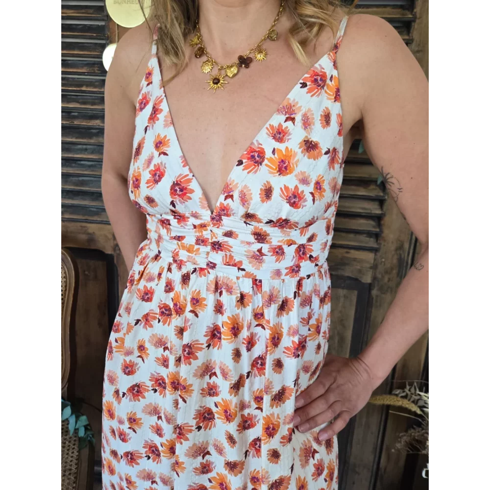 Robe longue bretelles Alice fleurs orange